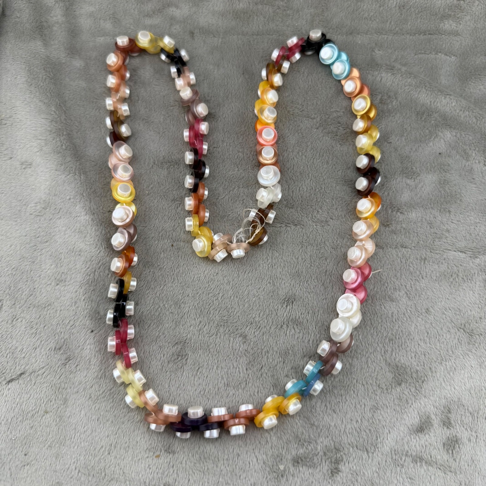 Vintage Hand Made Button Beaded Necklace Kitschy 32”