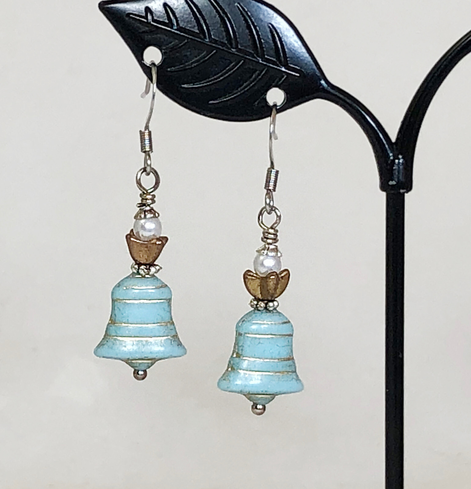Christmas Blue and Gold Bell Earrings Topped with Pearls