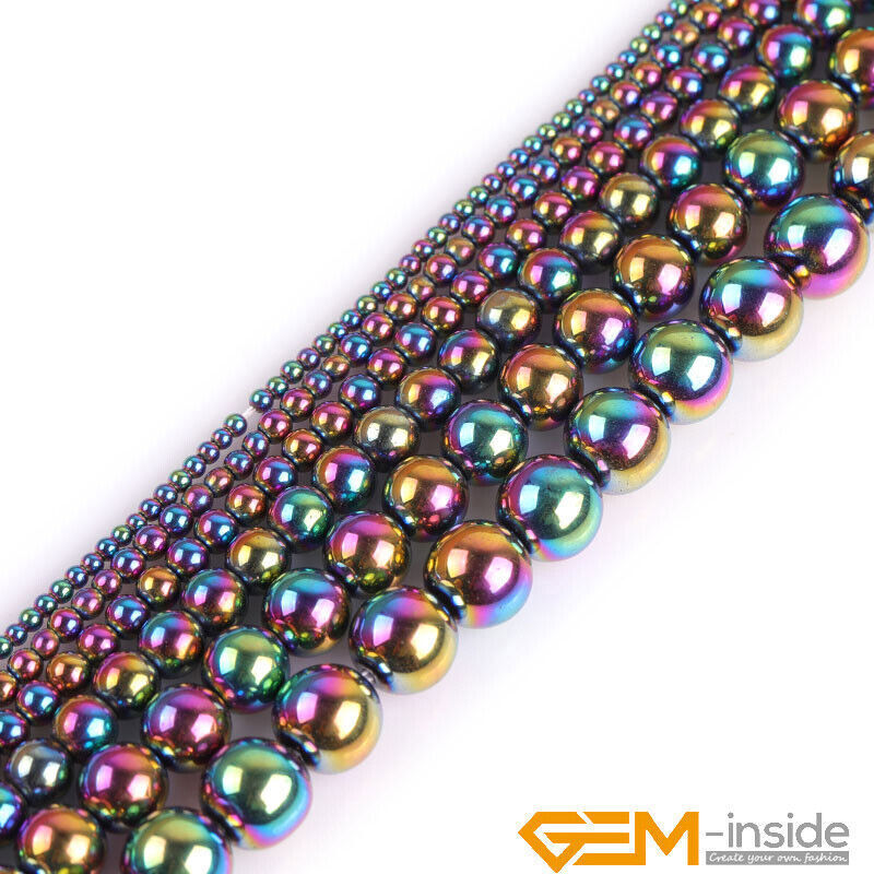 Rainbow Metallic Coated Reflections Hematite Round Spacer Beads 15″Bulk 2mm-12mm