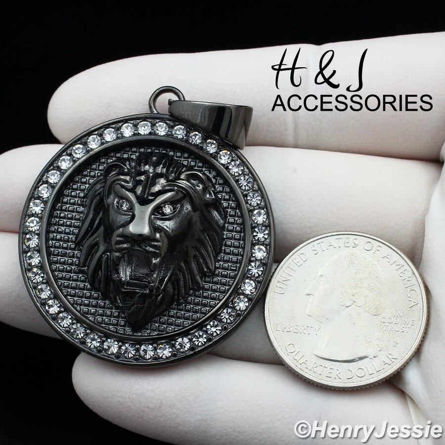 MEN Stainless Steel ICY CZ LION KING FACE 3D Black Plated Round Pendant*ABP109