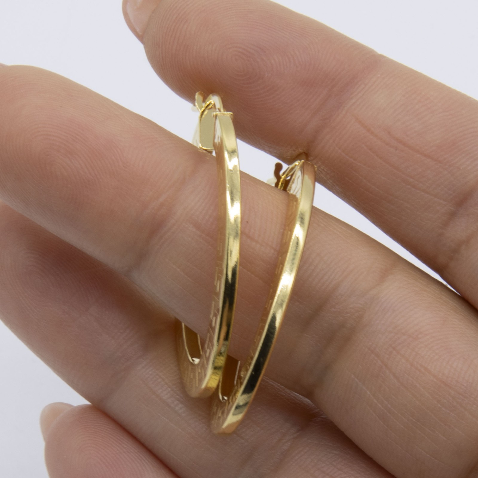 1 3/8″ Oval Greek Key Hoop Earrings 14K Yellow Gold-Plated Silver 925