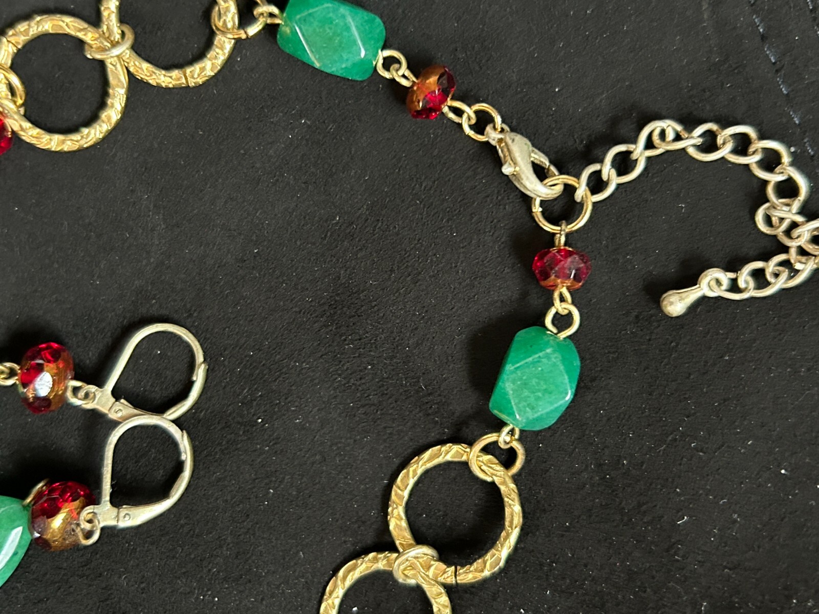 Multicolor Glass and Stone Gold necklace ~ 20″ and Earrings -Green Blue Red