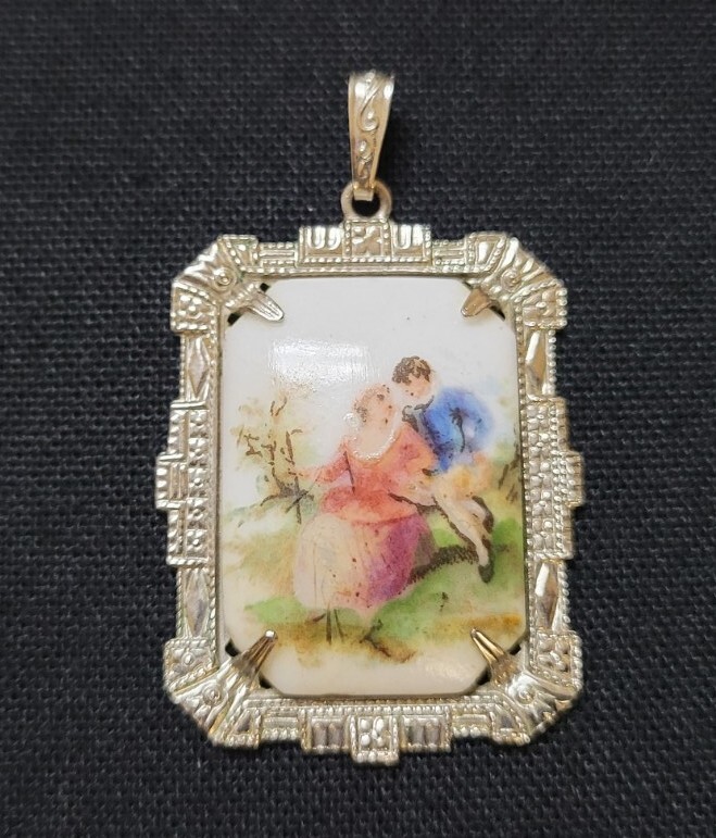 Antique Art Deco Ceramic Enamel Drop Pendant