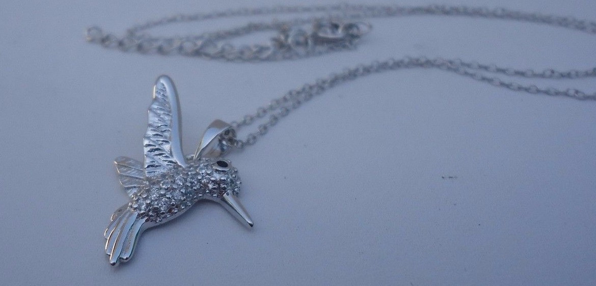 925 STERLING SILVER DESIGNERS HUMMING BIRD PENDANT NECKLACE LAB CREATED DIAMONDS