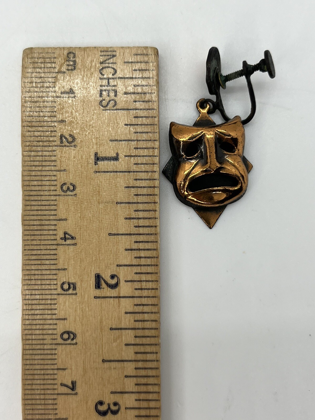 Vintage Drama Comedy & Tragedy Face Masks Copper Dangle Screwback Earrings