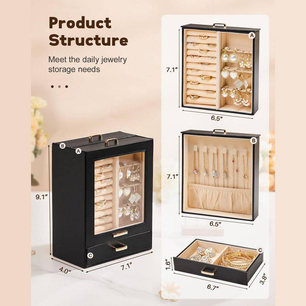 Black 7 In. X 9 In. Polyurethane Modern Jewelry Box with 3-Drawers