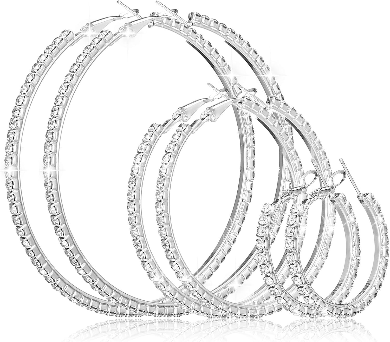 3 Pairs Rhinestone Hoop Earrings Set, 3/5/7 Cm Shiny round Party Lightweight Rhi