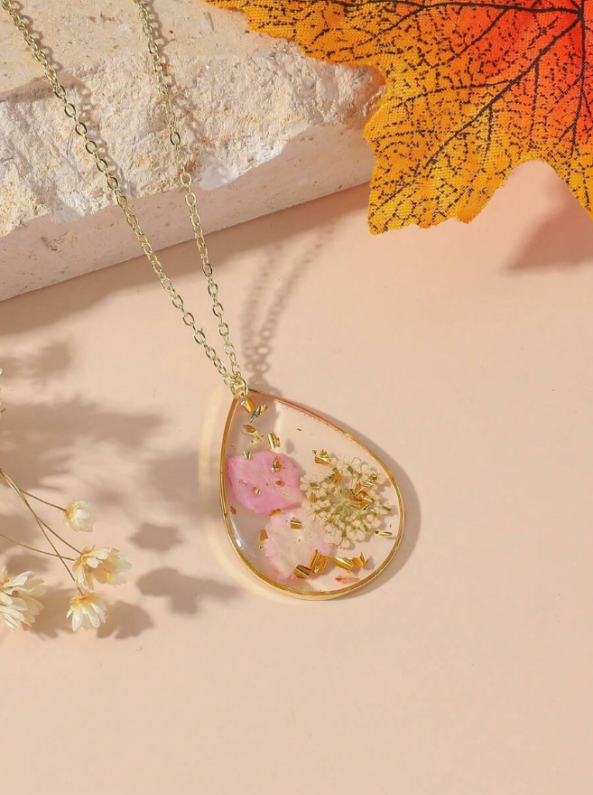 1 PCS Dried Pressed Daisy Real Flower Resin Pendant Necklace Handmade Chain USA