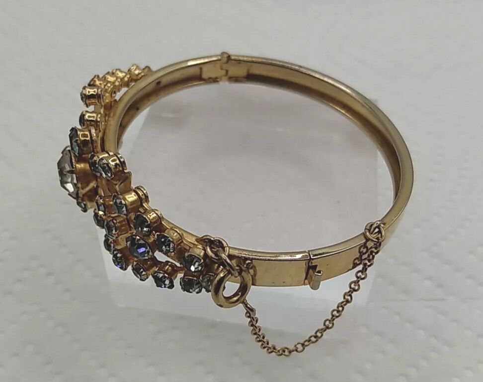 Vintage Gold Tone Rhinestone Hinged Bracelet With Safety Chain