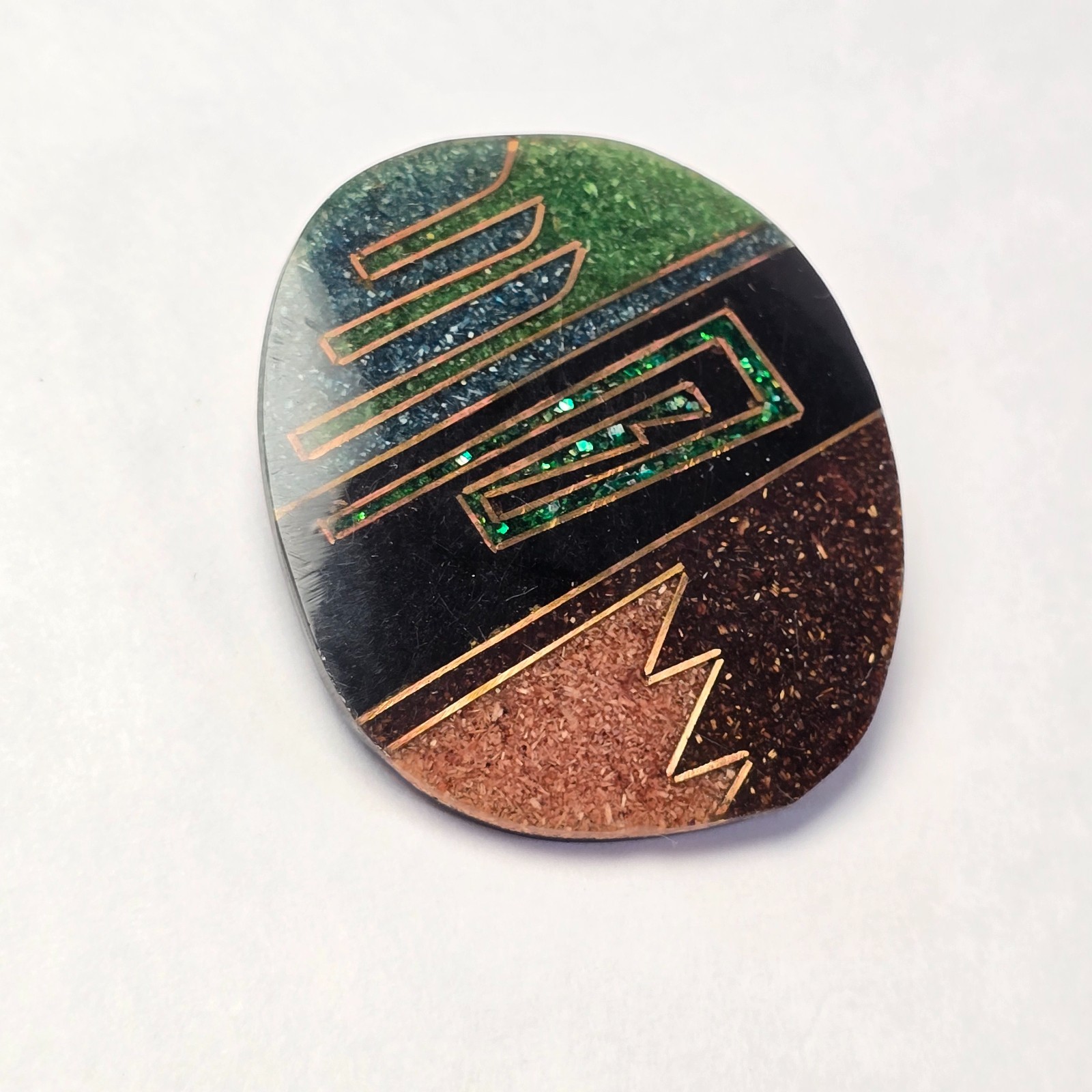 Vintage 80s Abstract Geometric Inlay Brooch Copper Line Resin Stone Southwest