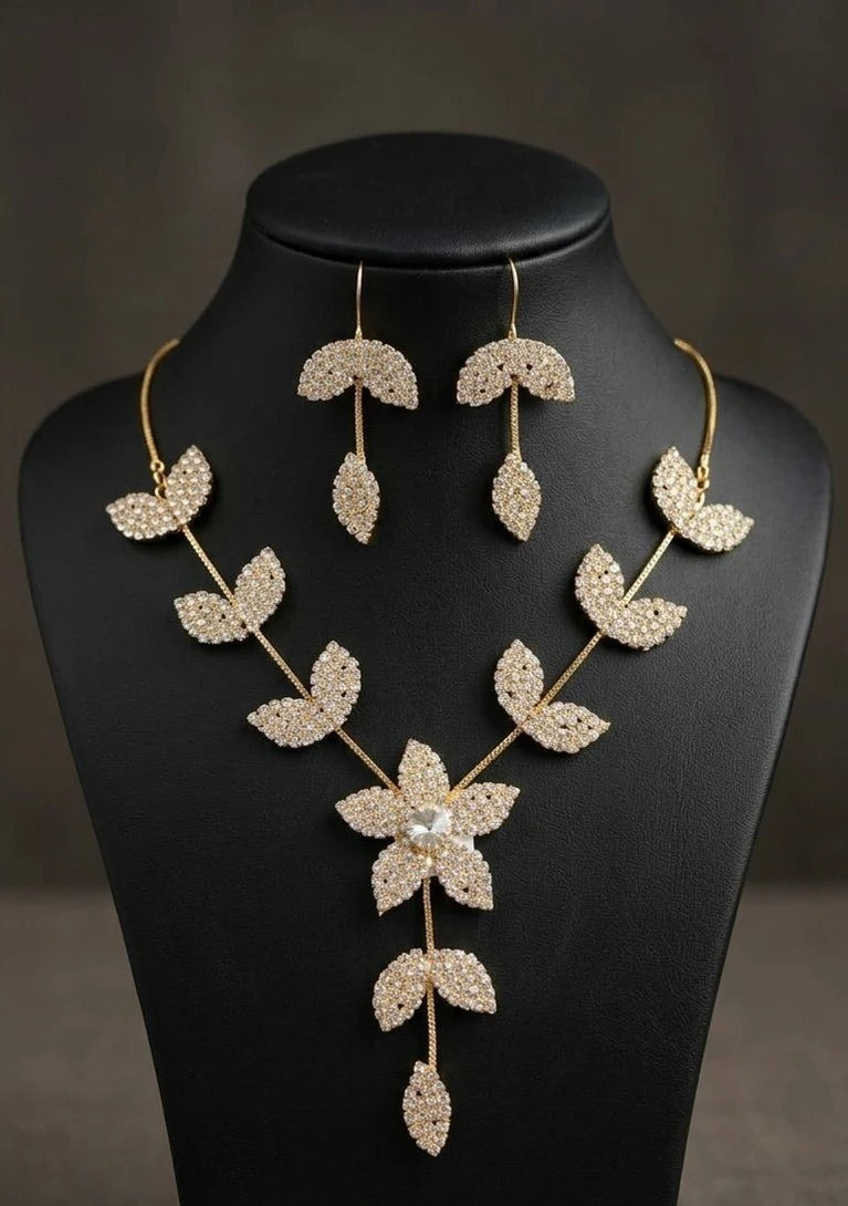 Art Deco Floral Necklace Earrings Set – Brass, Lab Created Stone (Wedding)