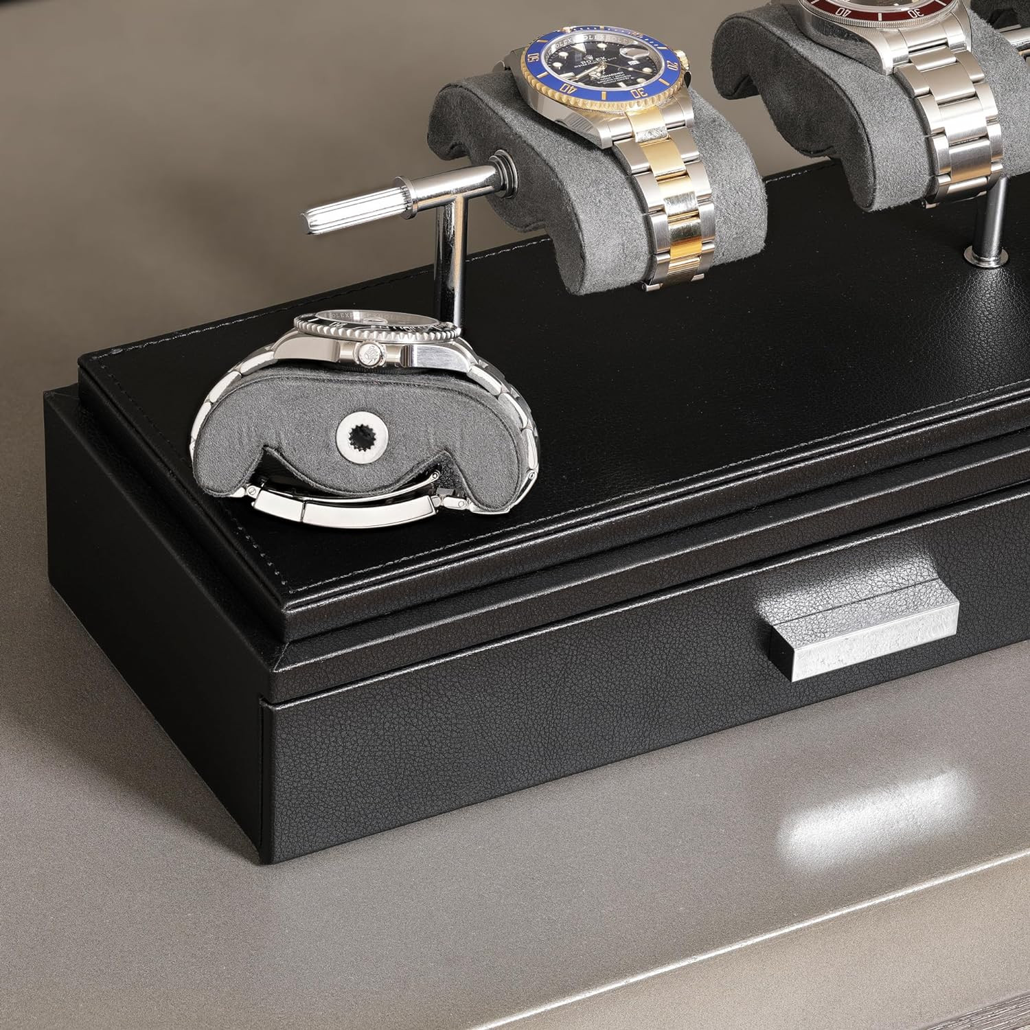 Elegant Leather Watch Display Case for 4 with Removable Cushions and Drawer