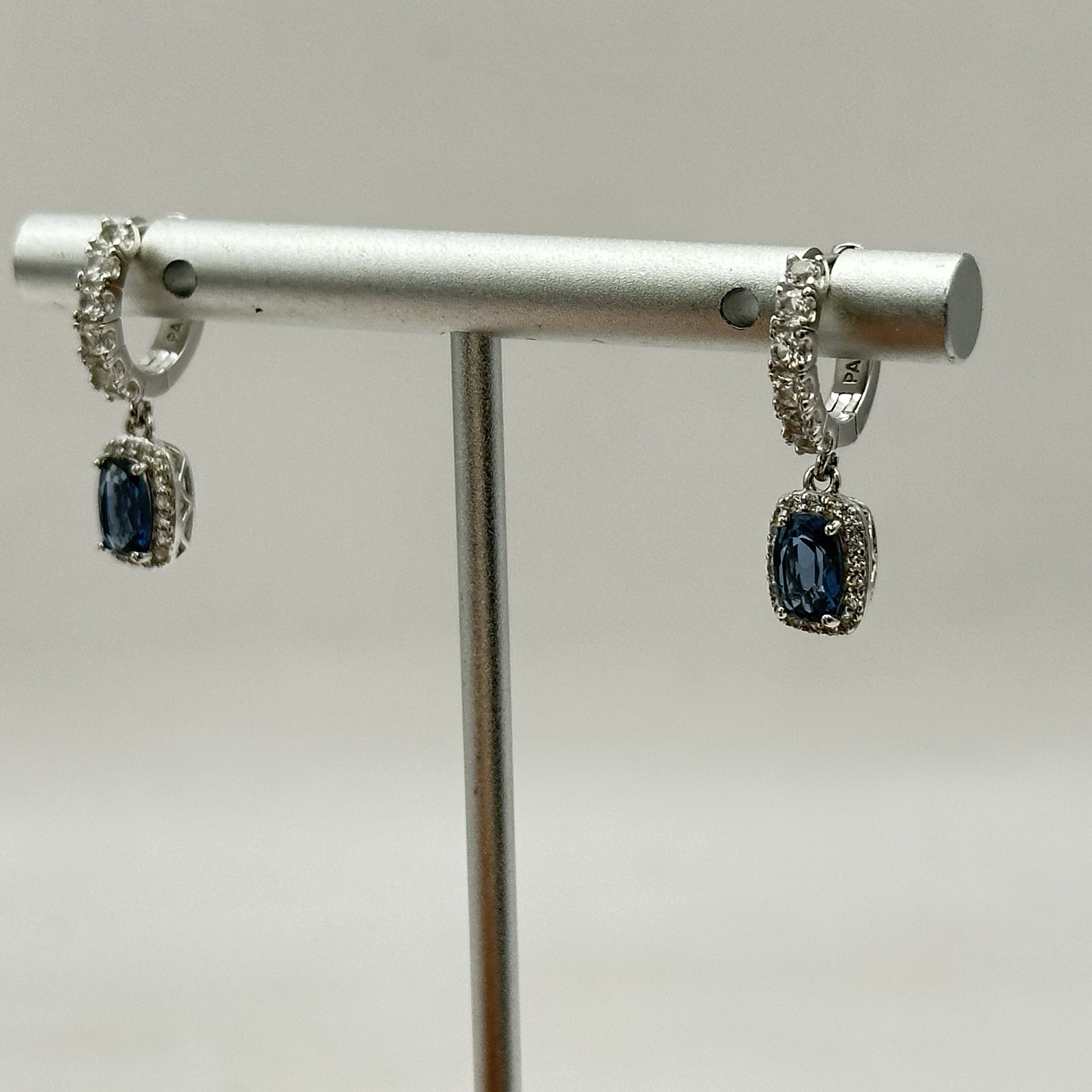 Kay Womens Cushion Cut Halo Hoop Drop Earrings Silver/Blue Topaz/White Sapphire