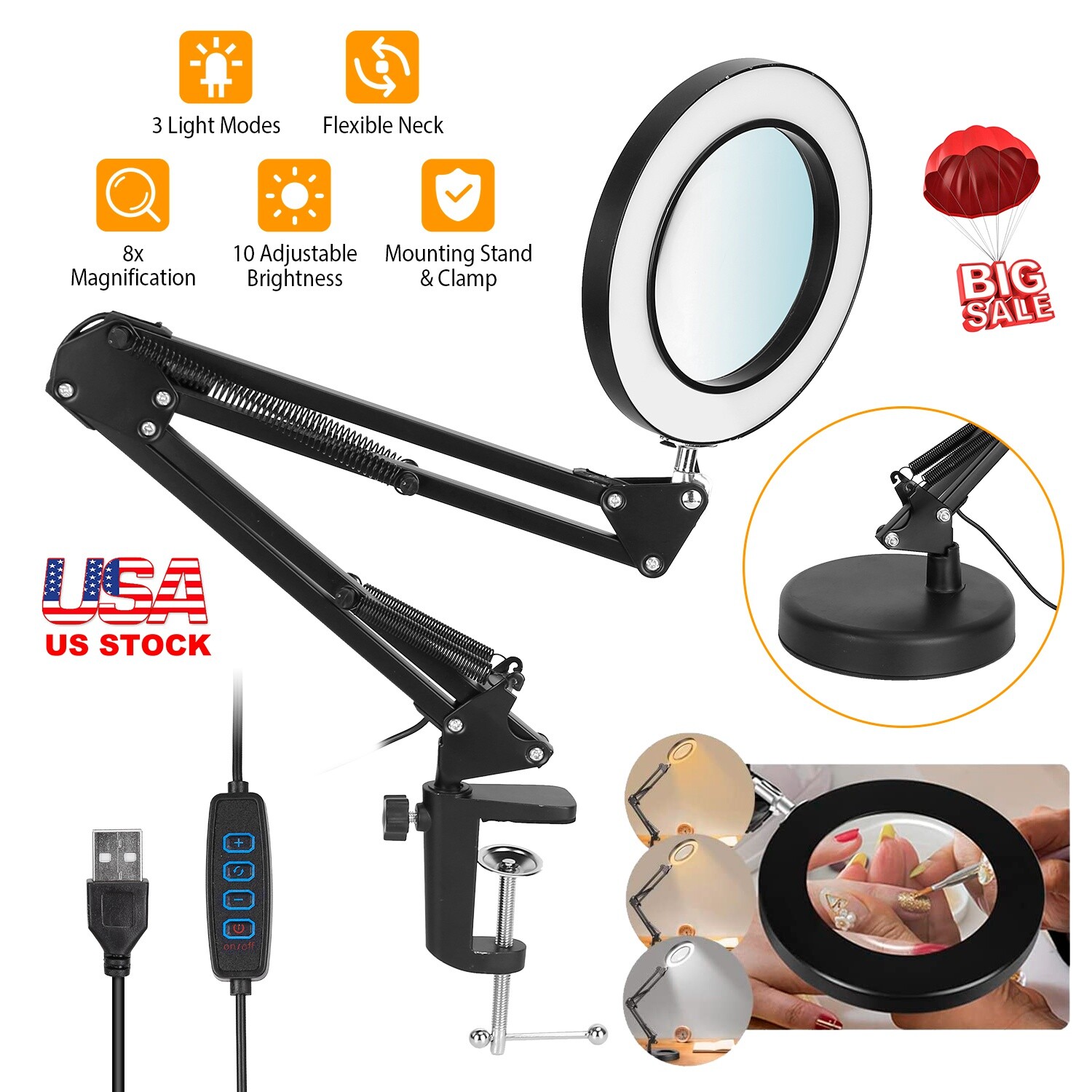 2-in-1 8x LED Magnifier Desk Lamp USB Reading Lamp Magnifying Glass Light +Stand
