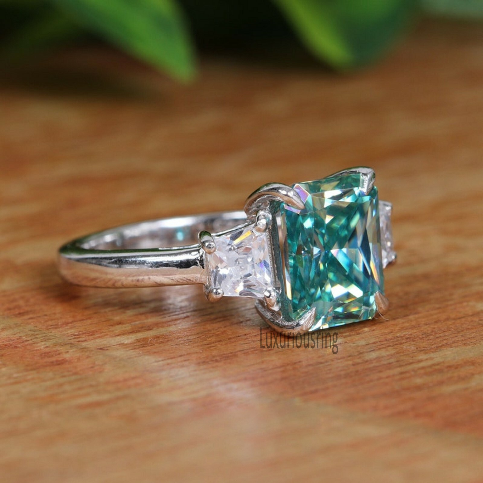 2.74 Ct Blue Green Radiant Cut Moissanite, 3 Stone Engagement Ring, 925 Silver