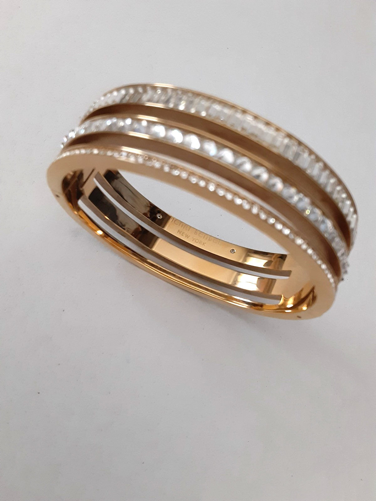 Henri Bendel New York Gold Tone Pave Crystal Hinged 3 Tier Bangle Bracelet