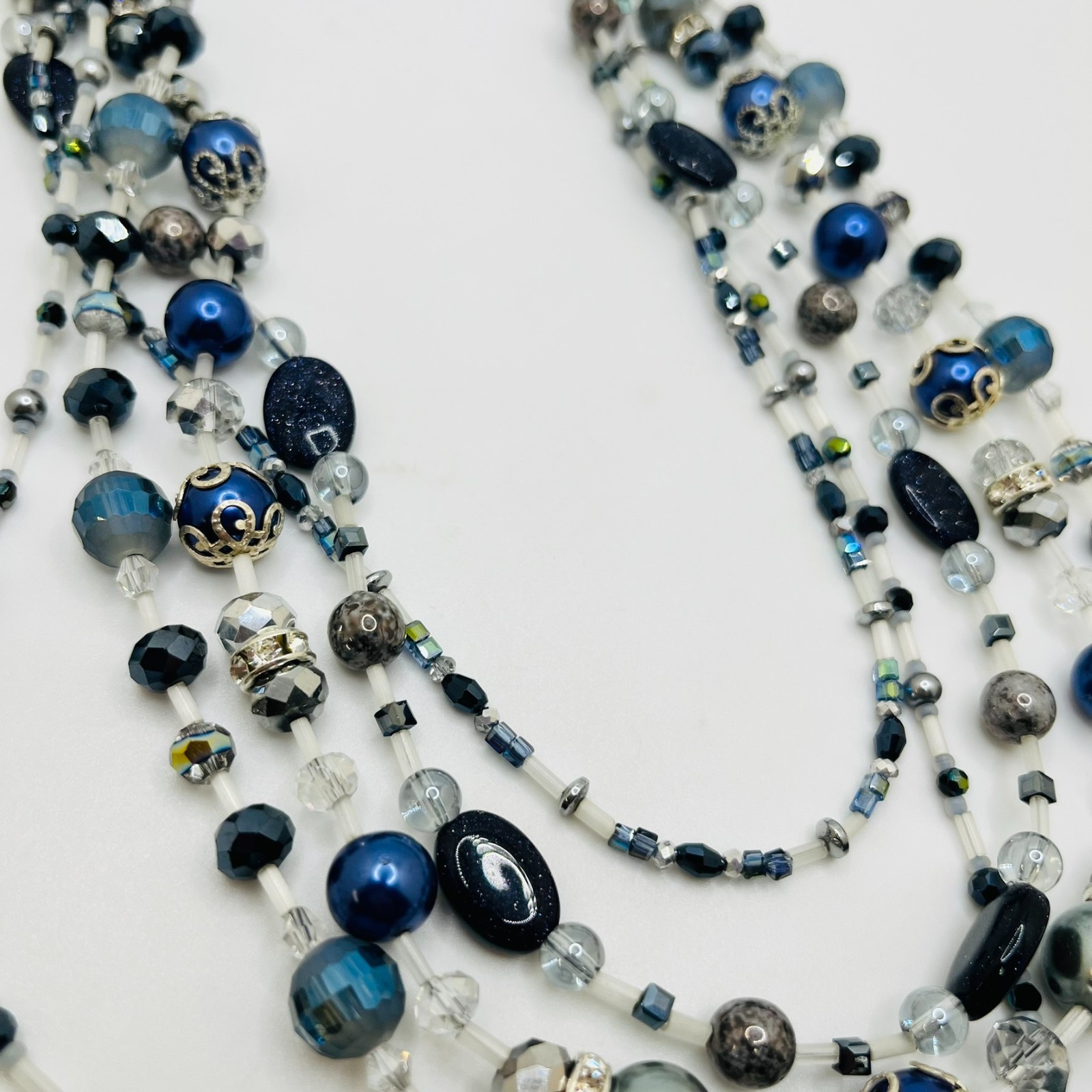Blue White Silver Beaded 5 Strand Necklace 18″ long – HANDMADE