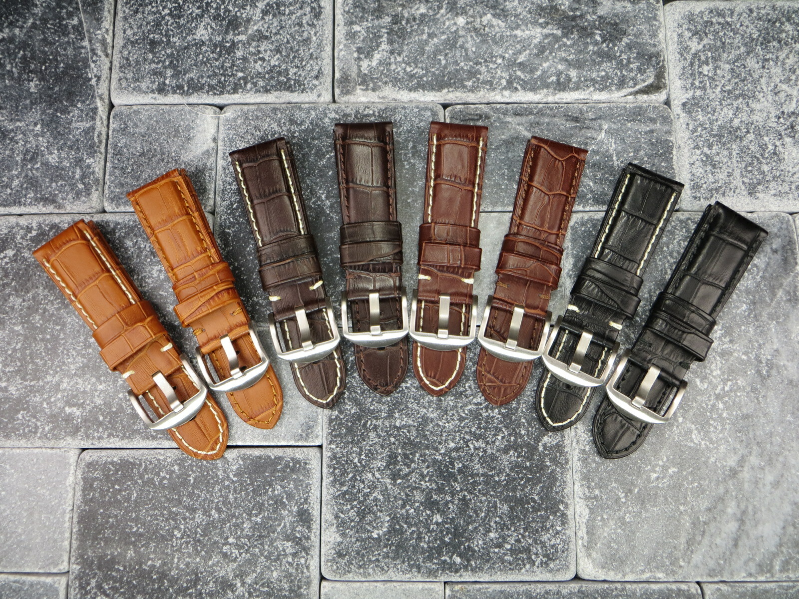 New 22mm Leather Watch Band Black Tang Tongue Strap for fits PANERAI White