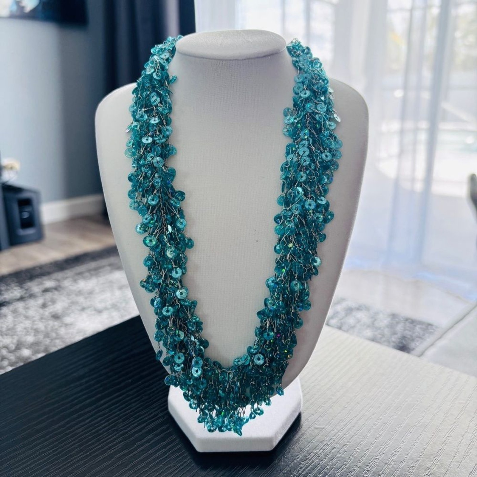 Teal Sequin Fringe Statement Necklace Iridescent Bib Collar