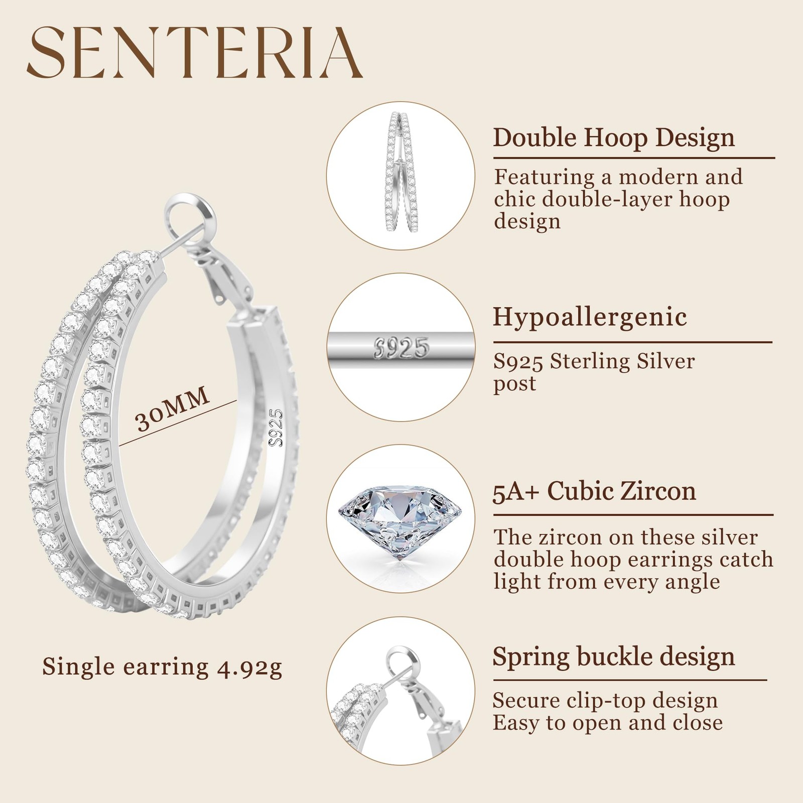 Senteria Double Sterling Silver Hoop Earrings for Women with 30mm,