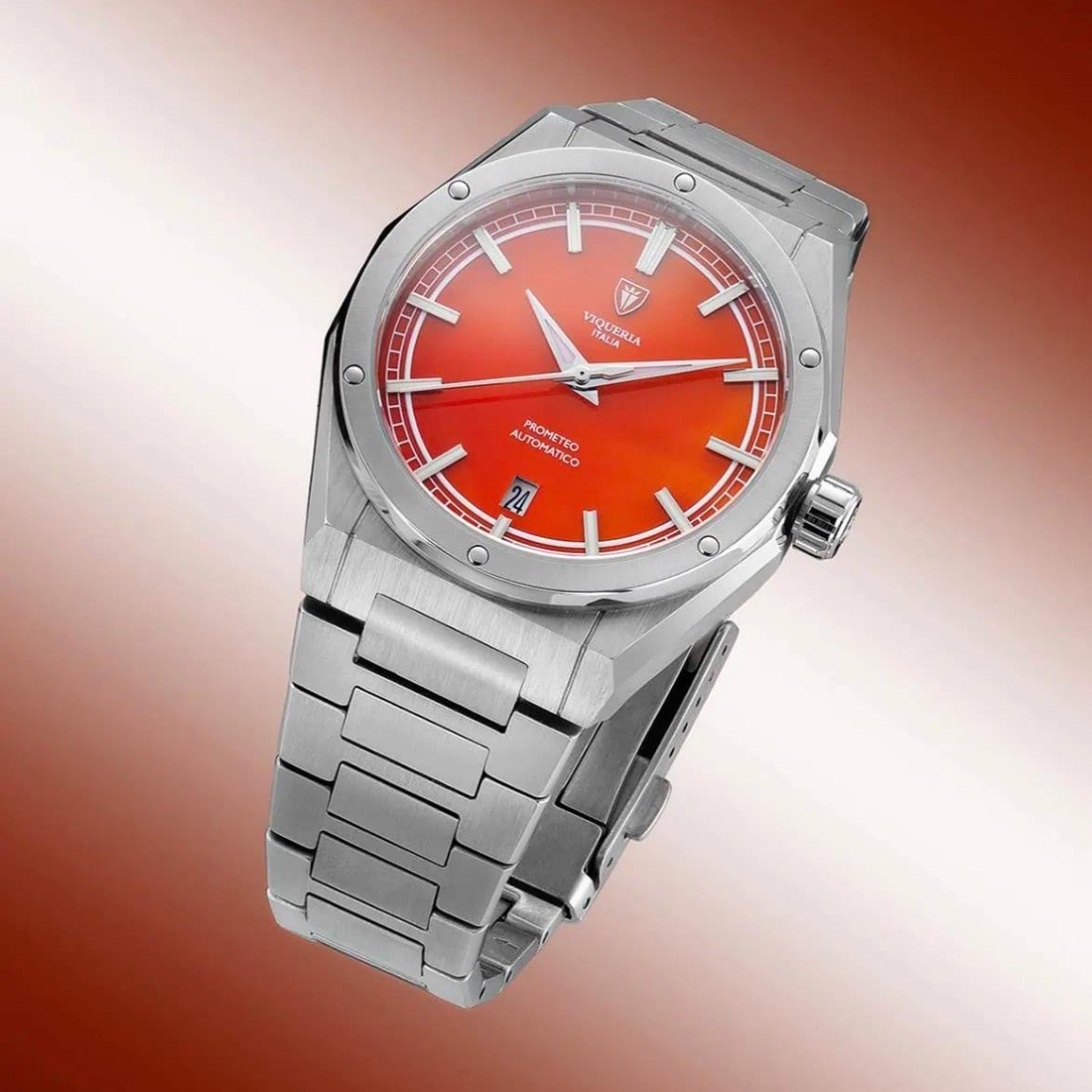 Viqueria Prometheus Agate Automatic Red Steel Date Stone Men’s Watch