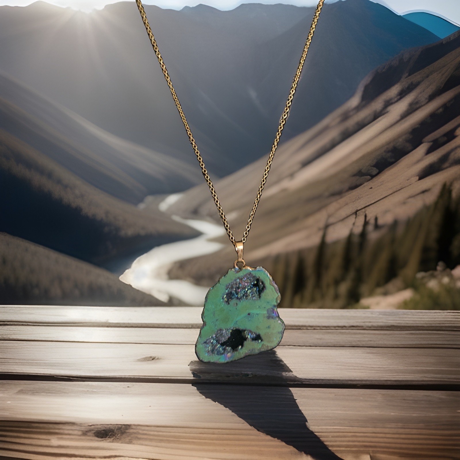 Titanium Druzy Geode Pendant Necklace Gold Chain Iridescent Green Crystal Boho