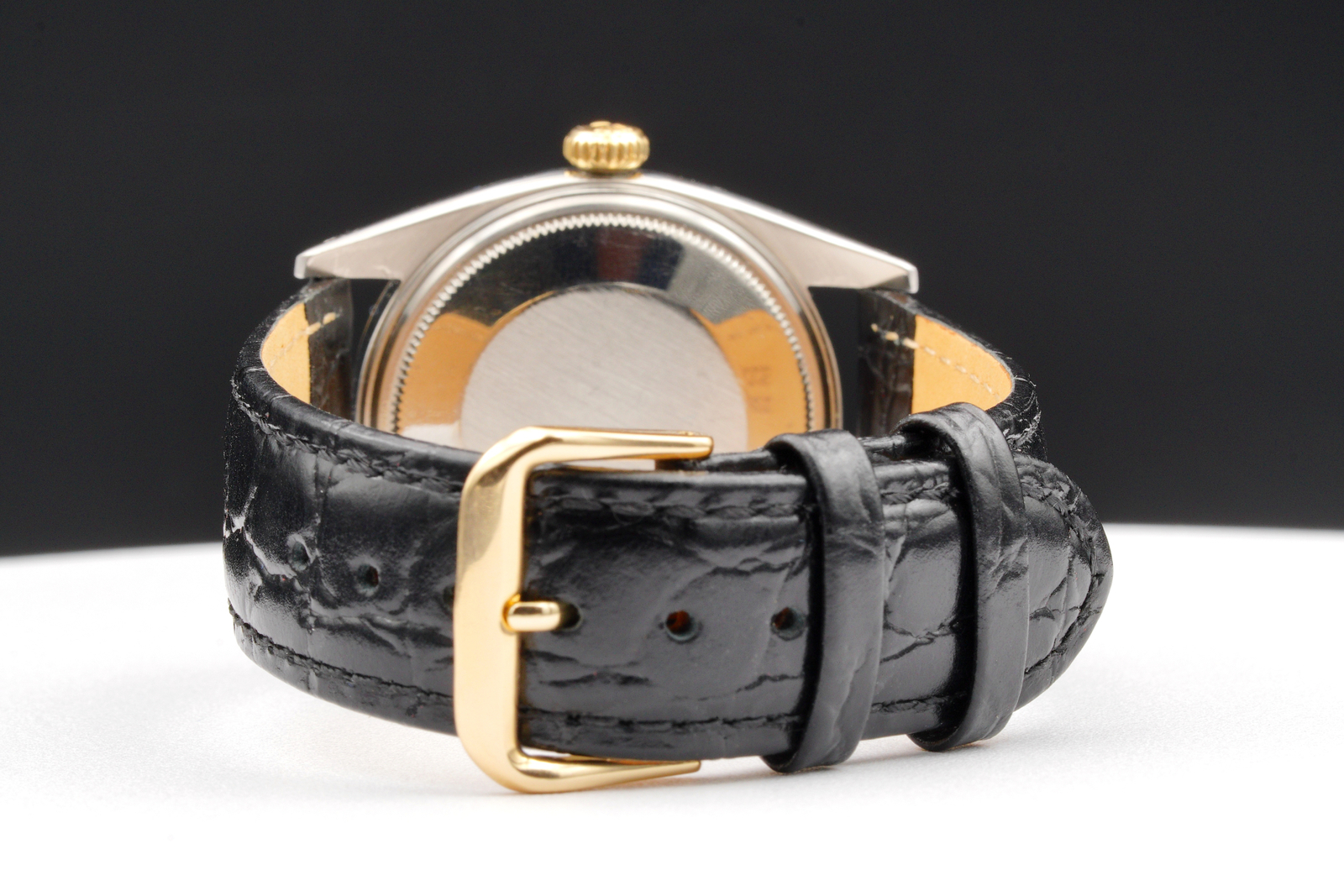 Vintage Mens Rolex Datejust 1601 Two-Tone Watch Gold Champagne Dial Black Strap