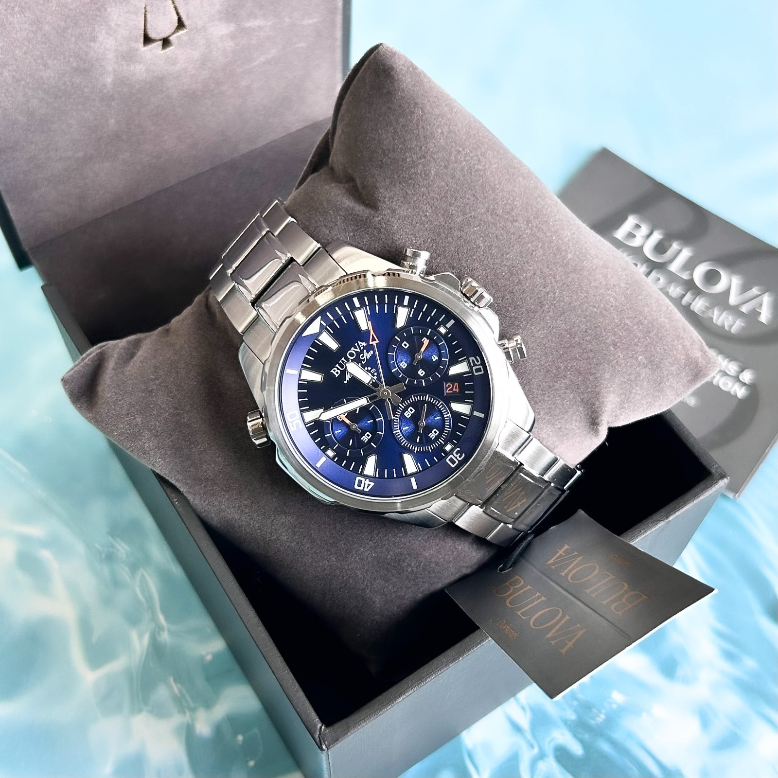 Bulova Classic Marine Star Chronograph Blue Dial Stainless Steel Men Watch 43MM