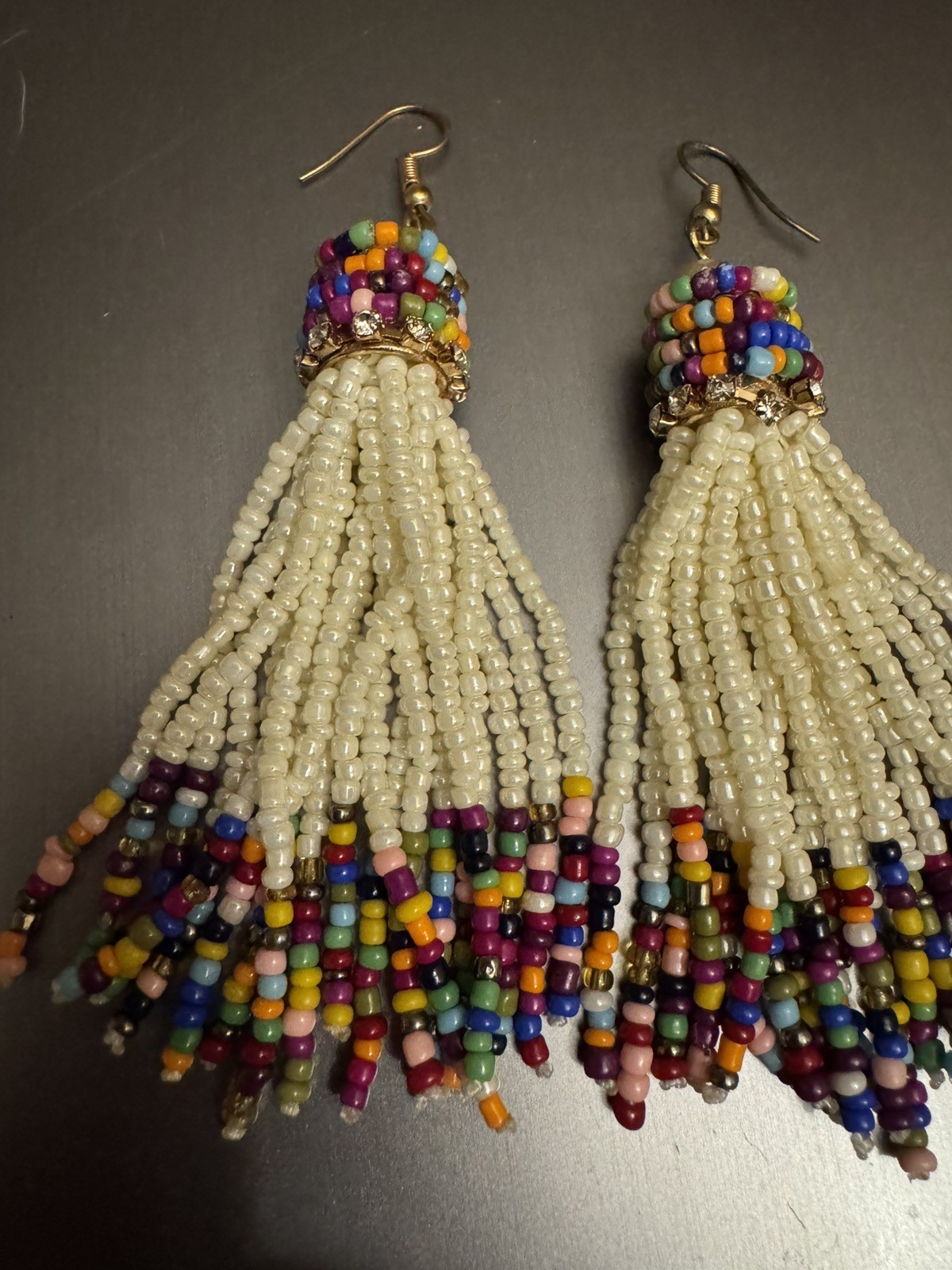 Multicolor & White Two Tone Color Block Seed Bead Tassel Dangle Earrings