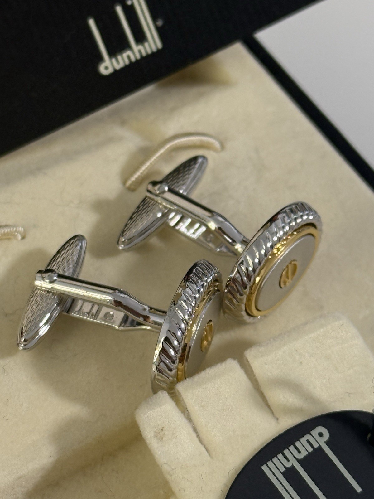 Dunhill Cufflinks & Tie Clip Set Two-Tone Silver Gold Tone Boxed