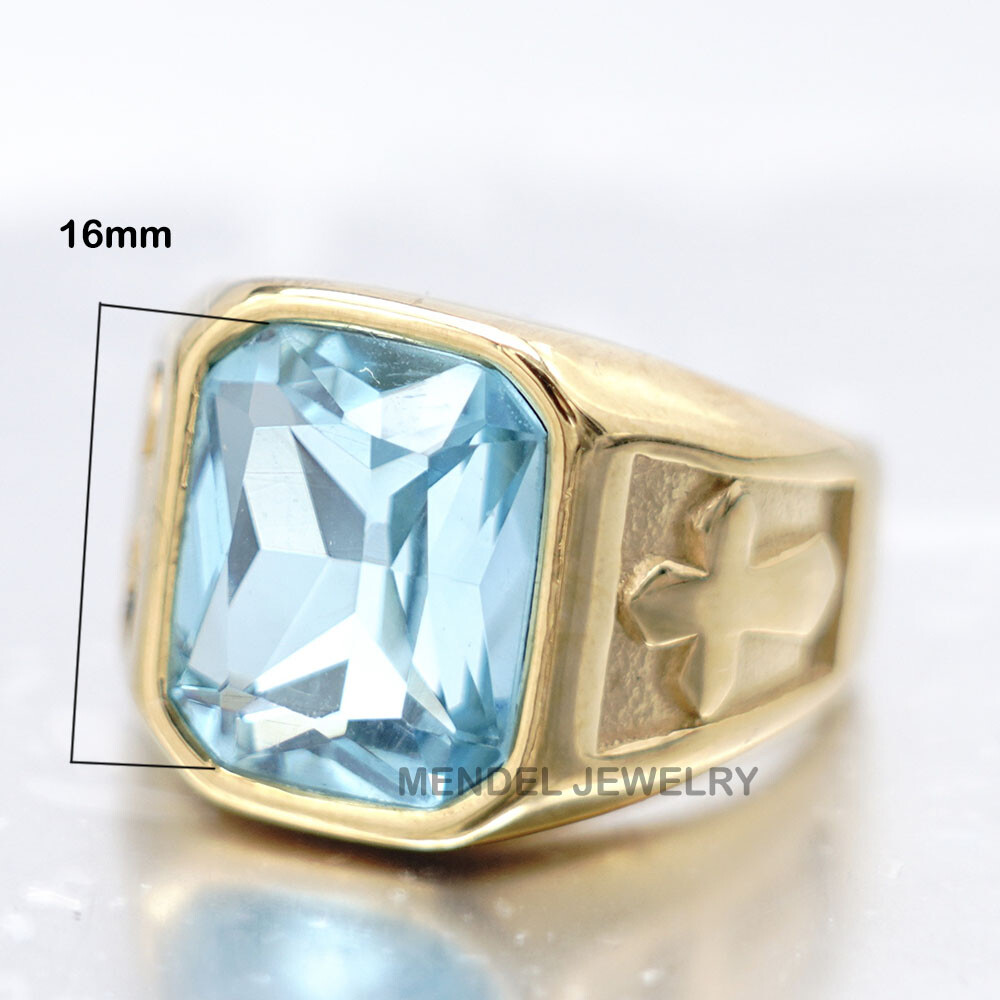 MENDEL Mens Gold Plated Cross Blue Aquamarine Stone Ring Men S-Steel Size 7-15