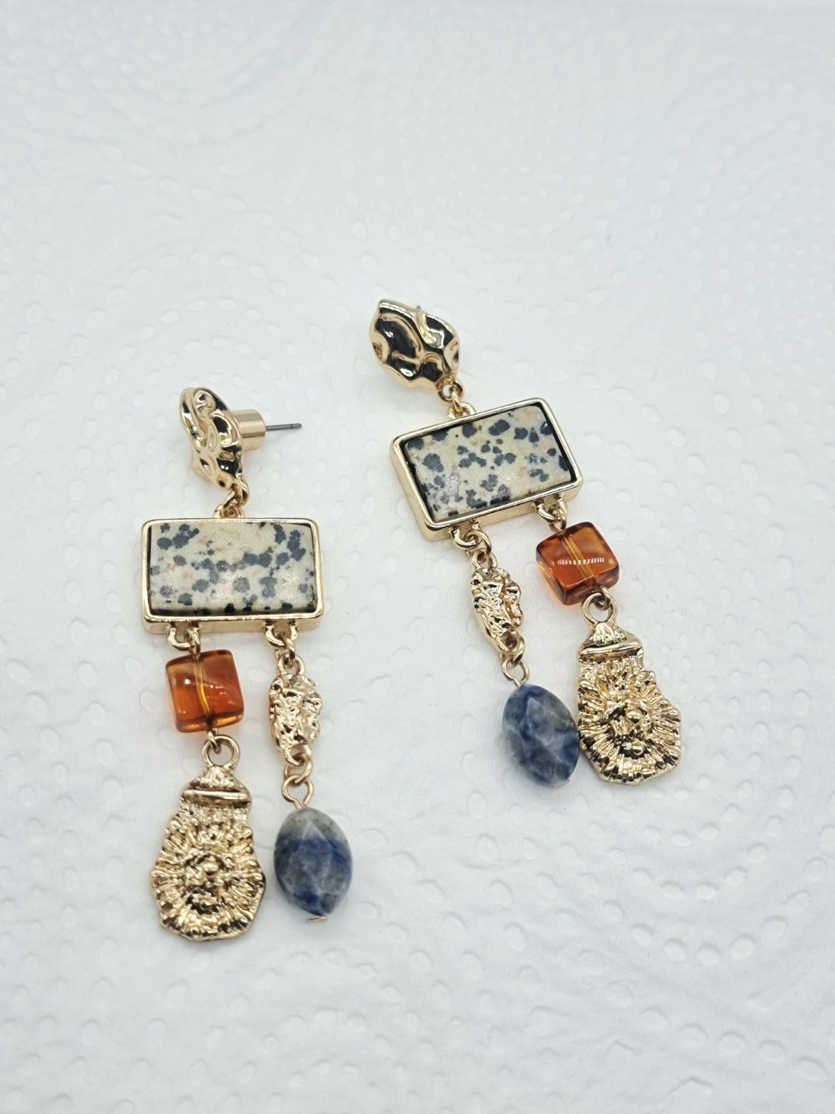 Per Una M&S Multi-Stone Chandelier Drop Earrings Dalmatian Jasper Sodalite 7cm