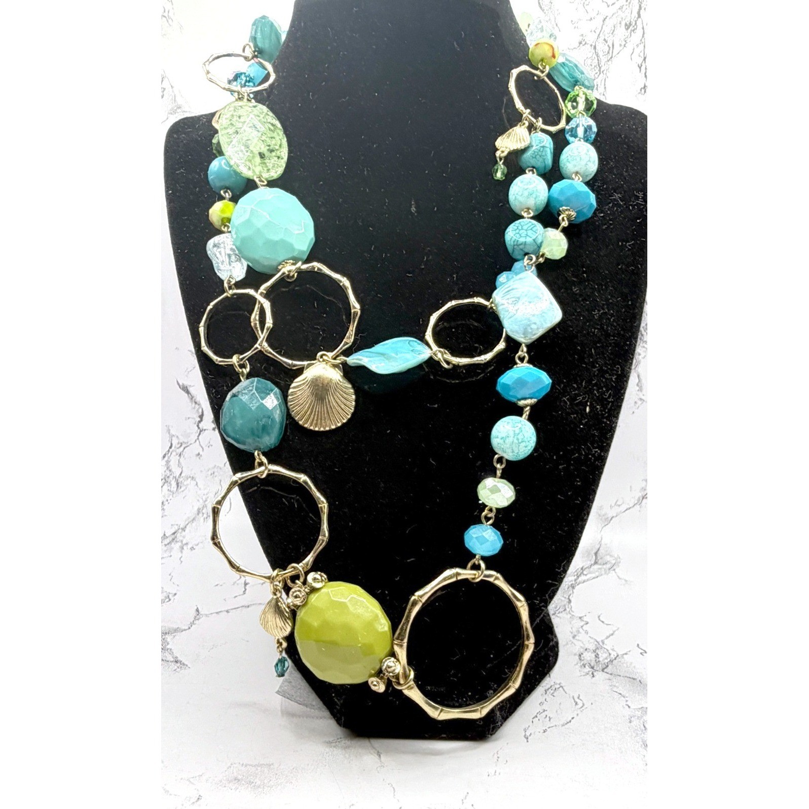 Chico’s Boho Chunky Beaded Statement Necklace Aqua Lime Gold 40″