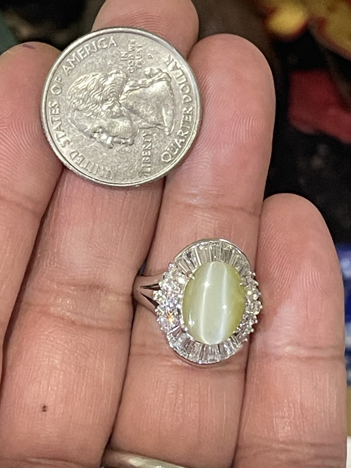 GIA 3.29ct Natural Chrysoberyl Greenish Yellow Cats Eye Ring 1.38ct diam,pt900