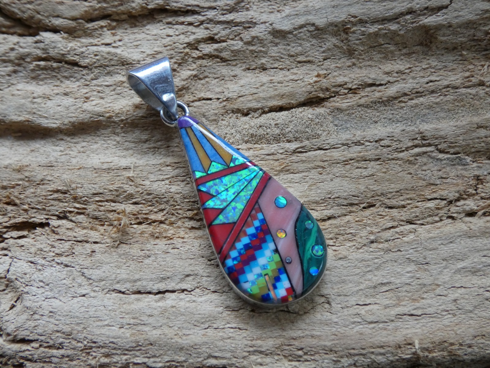 Mosiac Multi Gemstone Fire Opal Aluminum Sterling Silver Alloy Pendant NEW AS91