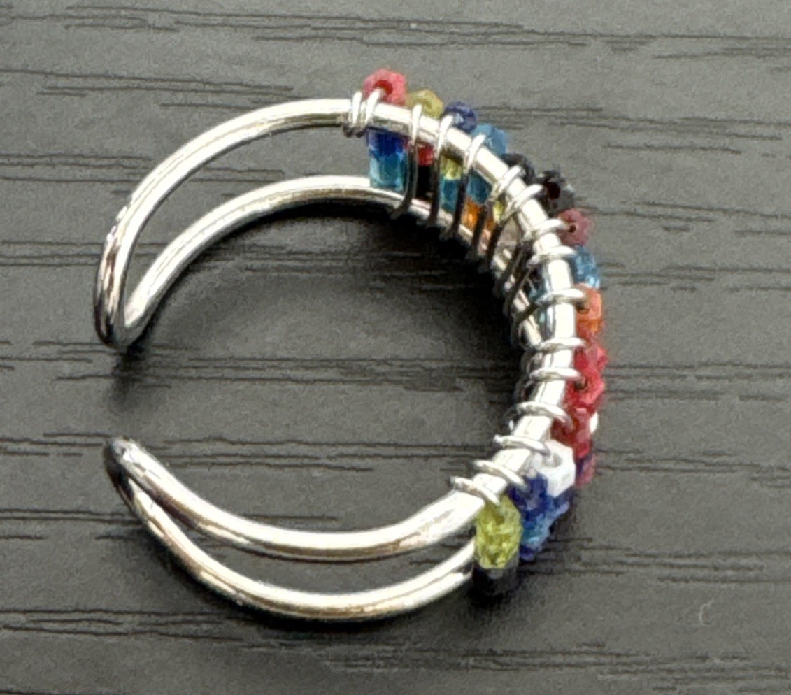 Multicolor Glass Beaded Adjustable Ring Boho Artisan Style Size 7-9 VTG 1990’s