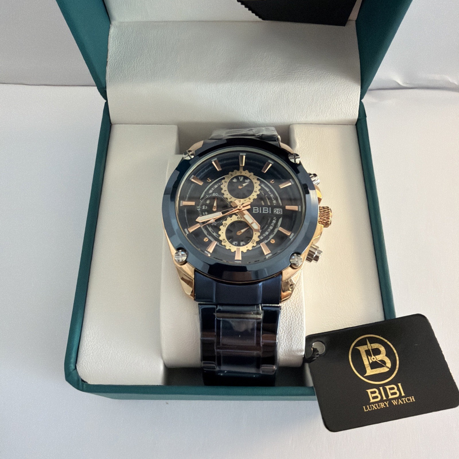 BIBI Luxury Watch Men’s Chronograph Rose Gold and Navy Blue Stainless Steel Spor
