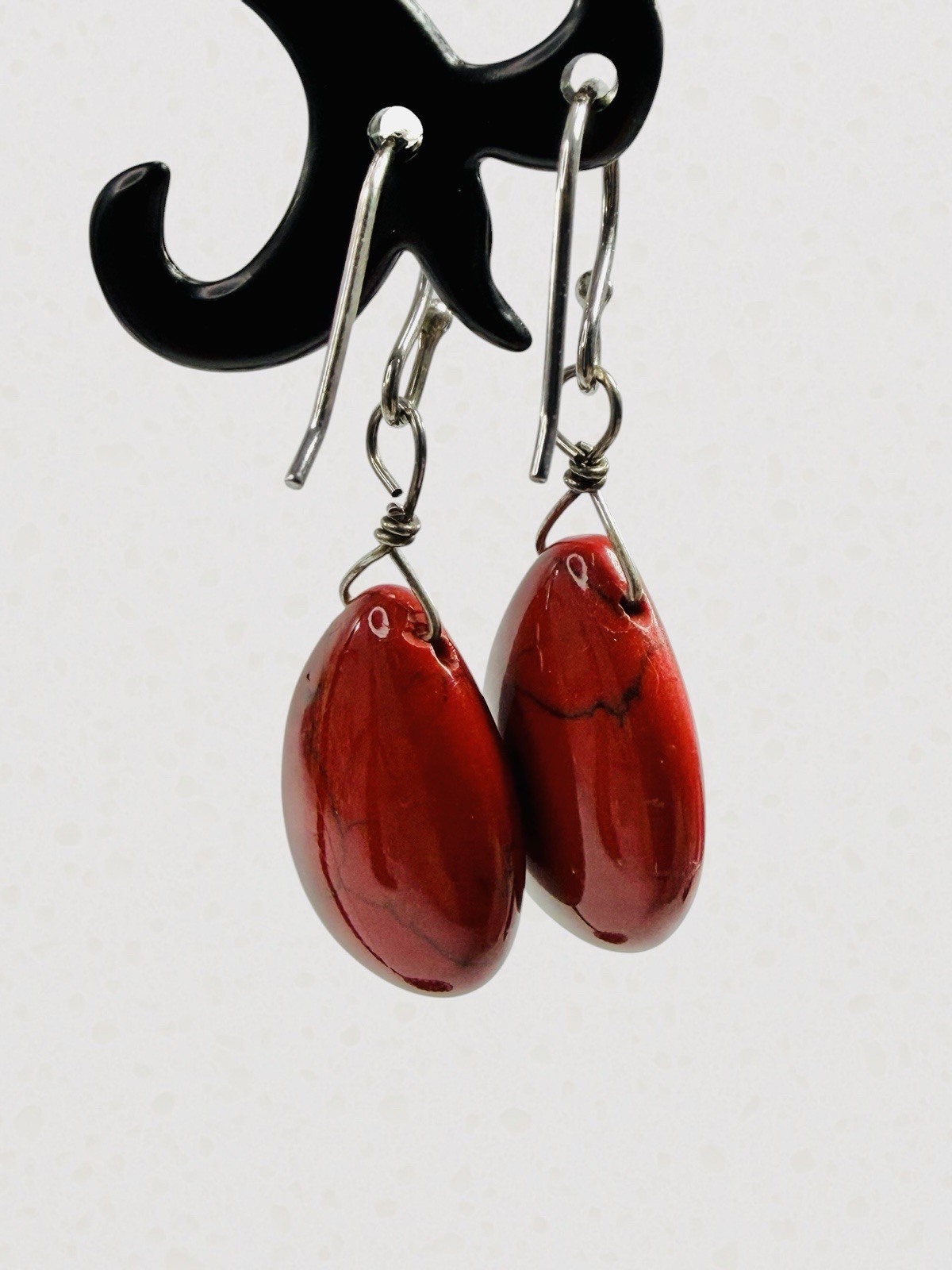 Sterling Silver Red Burgundy Carnelian Stone Dangle Drop Earrings Teardrop Hook