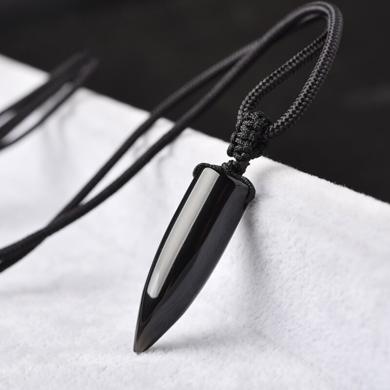 Natural Black Obsidian Bullet Point Pendant Necklace Healing Crystal Amulet