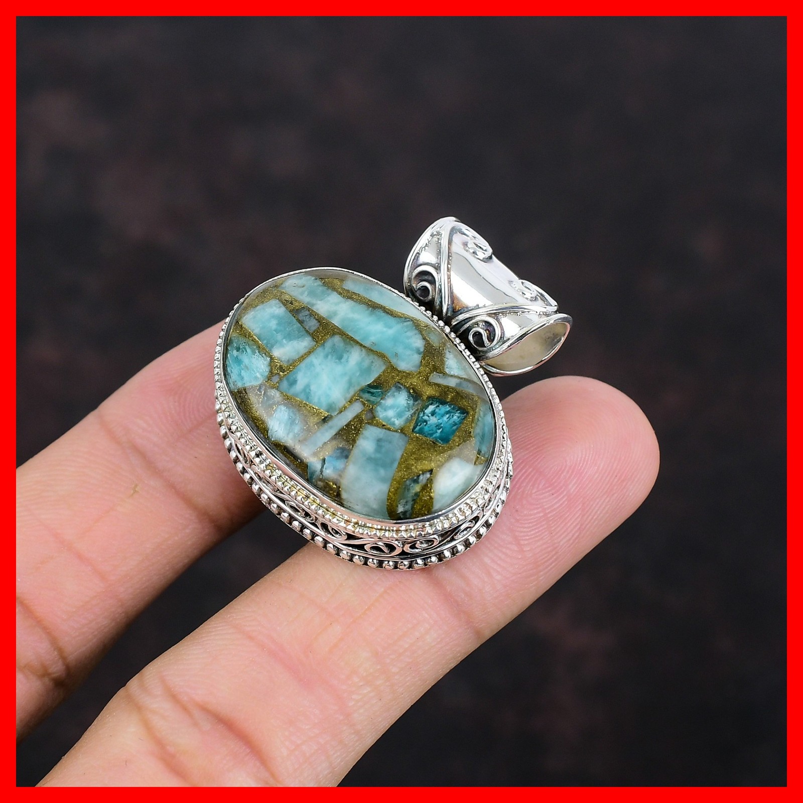 Copper Amazonite Stone Bezel New Vintage Wedding Boho Pendant Jewelry 925 Silver