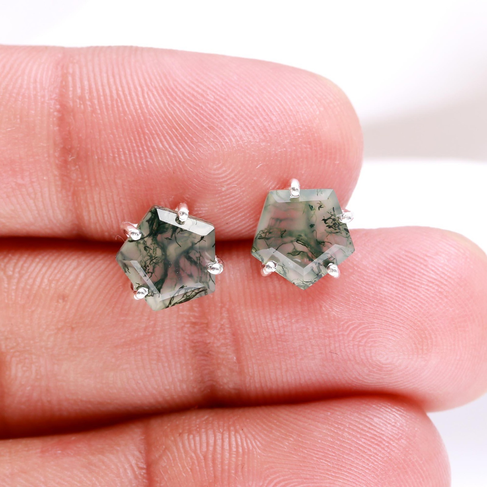 Natural Moss Agate Pentagon Stud Earrings 925 Sterling Silver Minimalist Jewelry