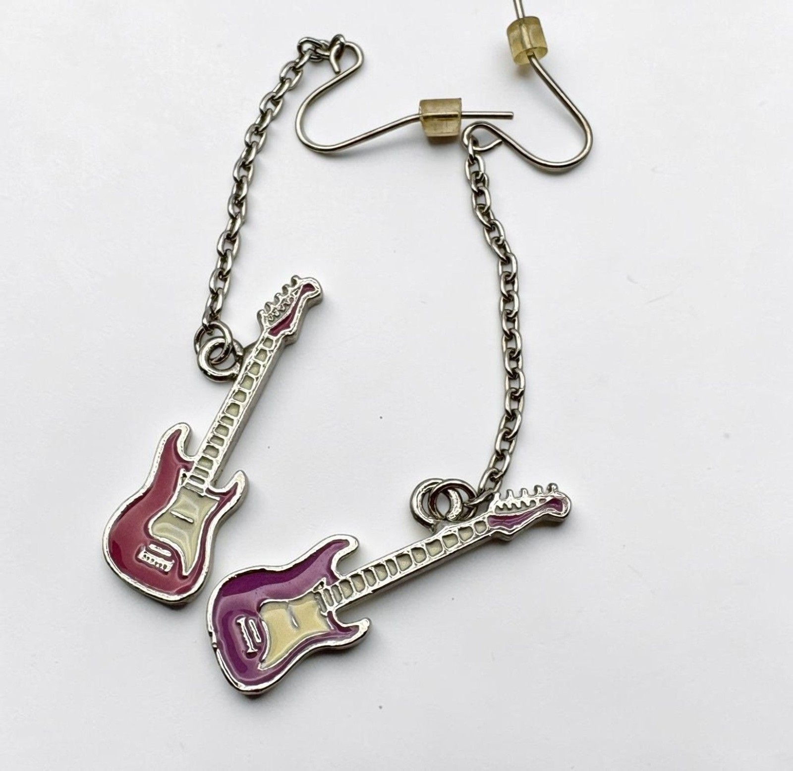 Electric Guitar Dangle Earrings Purple Pink Drop Silver Tone Chain Rock n Roll