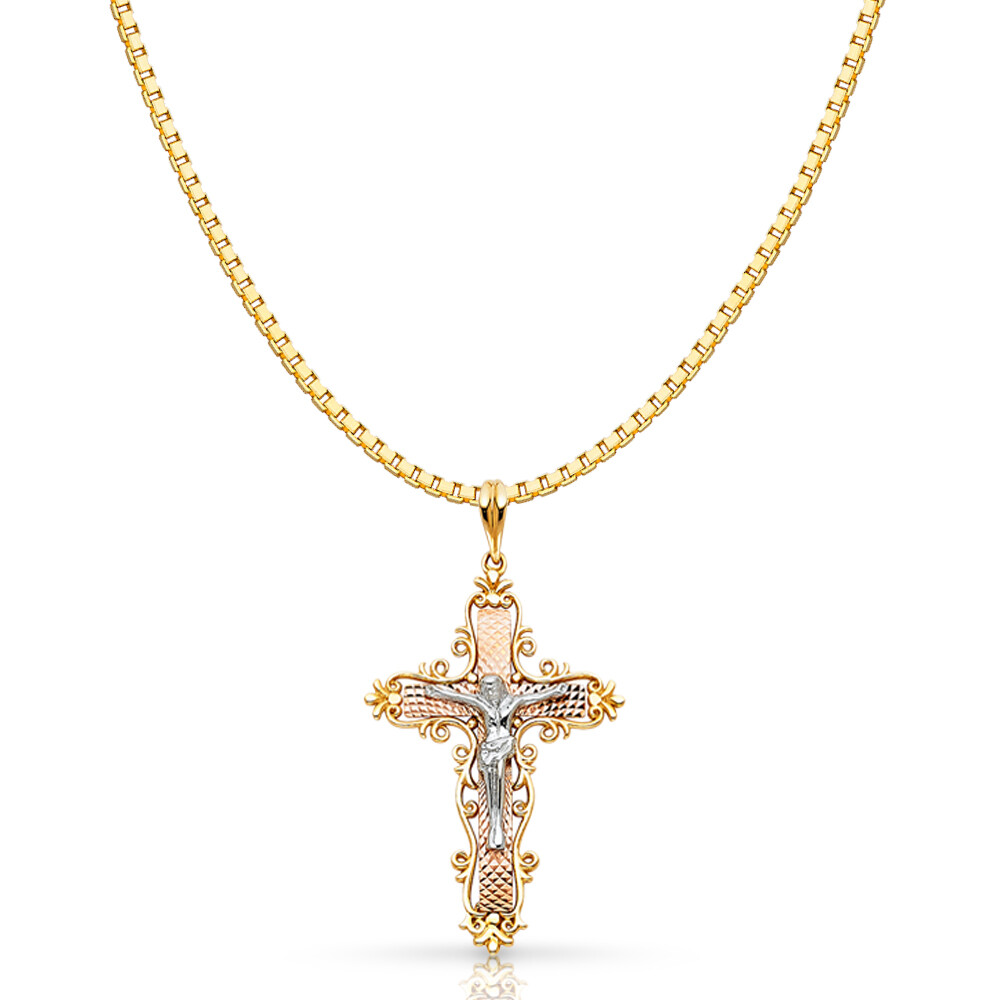 14K Tri Color Gold Religious Crucifix Charm Pendant & 1.2mm Box Chain Necklace