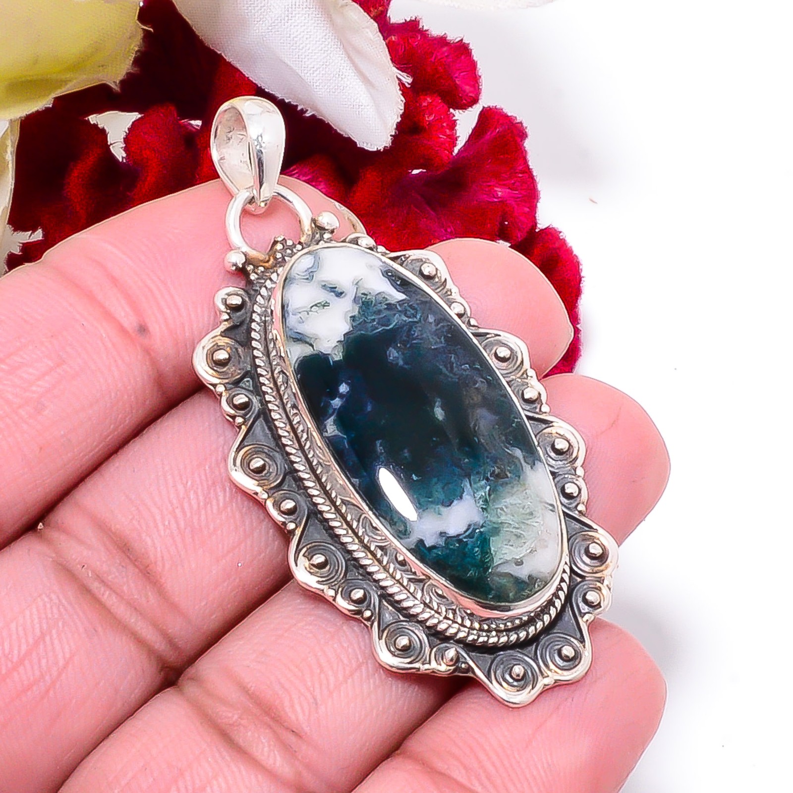 Moss Agate 925 Sterling Silver Jewelry Bali Pendant 2.26 Sku38, Christmas Gift