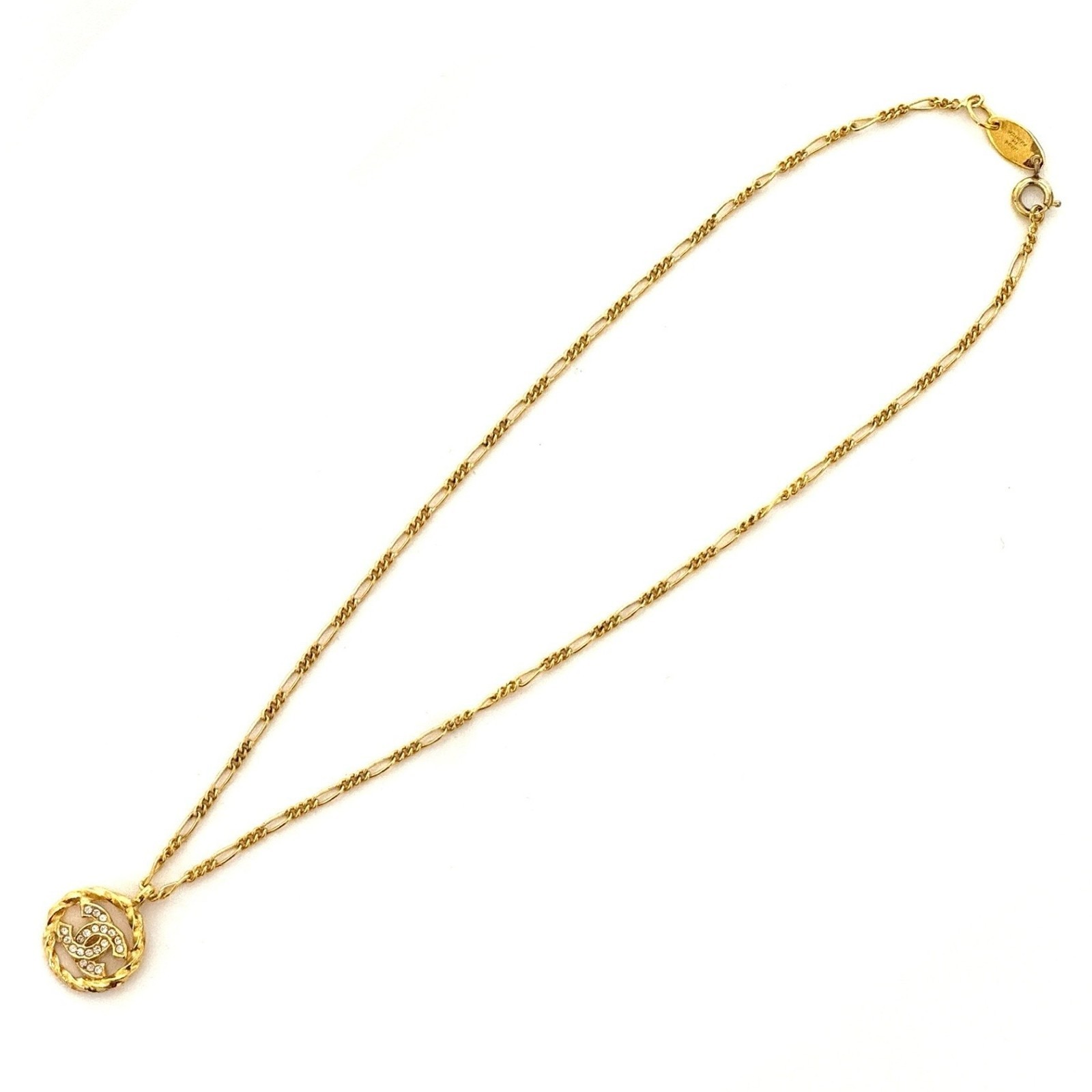 CHANEL 3438 CC Logo COCO Mark Necklace Rhinestone Gold Vintage Authentic JAPAN
