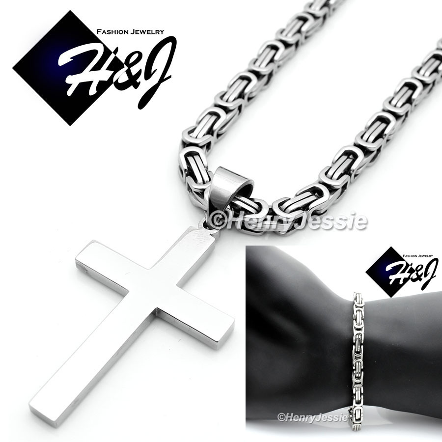 24″MEN Stainless Steel 6mm Silver Box Chain Necklace Bracelet Cross Pendant*SP64