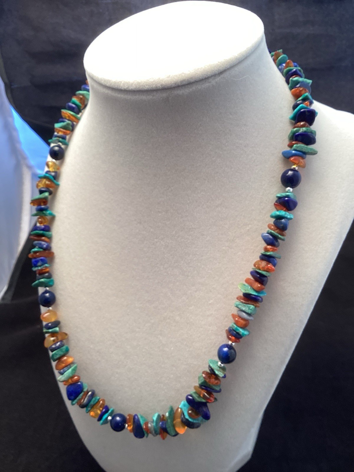 Sterling Silver Turquoise Round Lapis And Amber Chip Beaded Necklace 20.5”