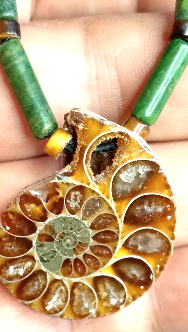 Fossil Ammonite With Nephrite beads Adjustable and Hand Braided Necklace