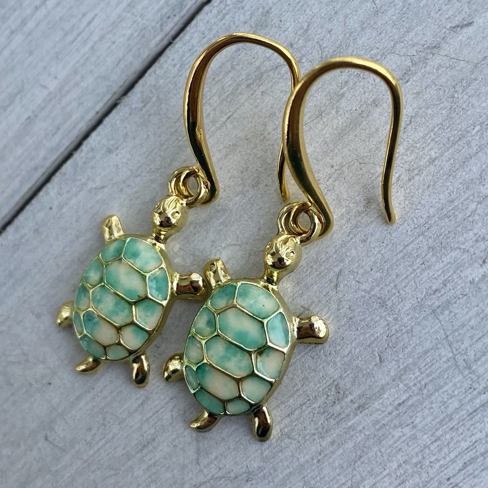 Min Favorit Turquoise & Cream Enamel Sea Turtle Gold Pl Artisan Drop Earrings
