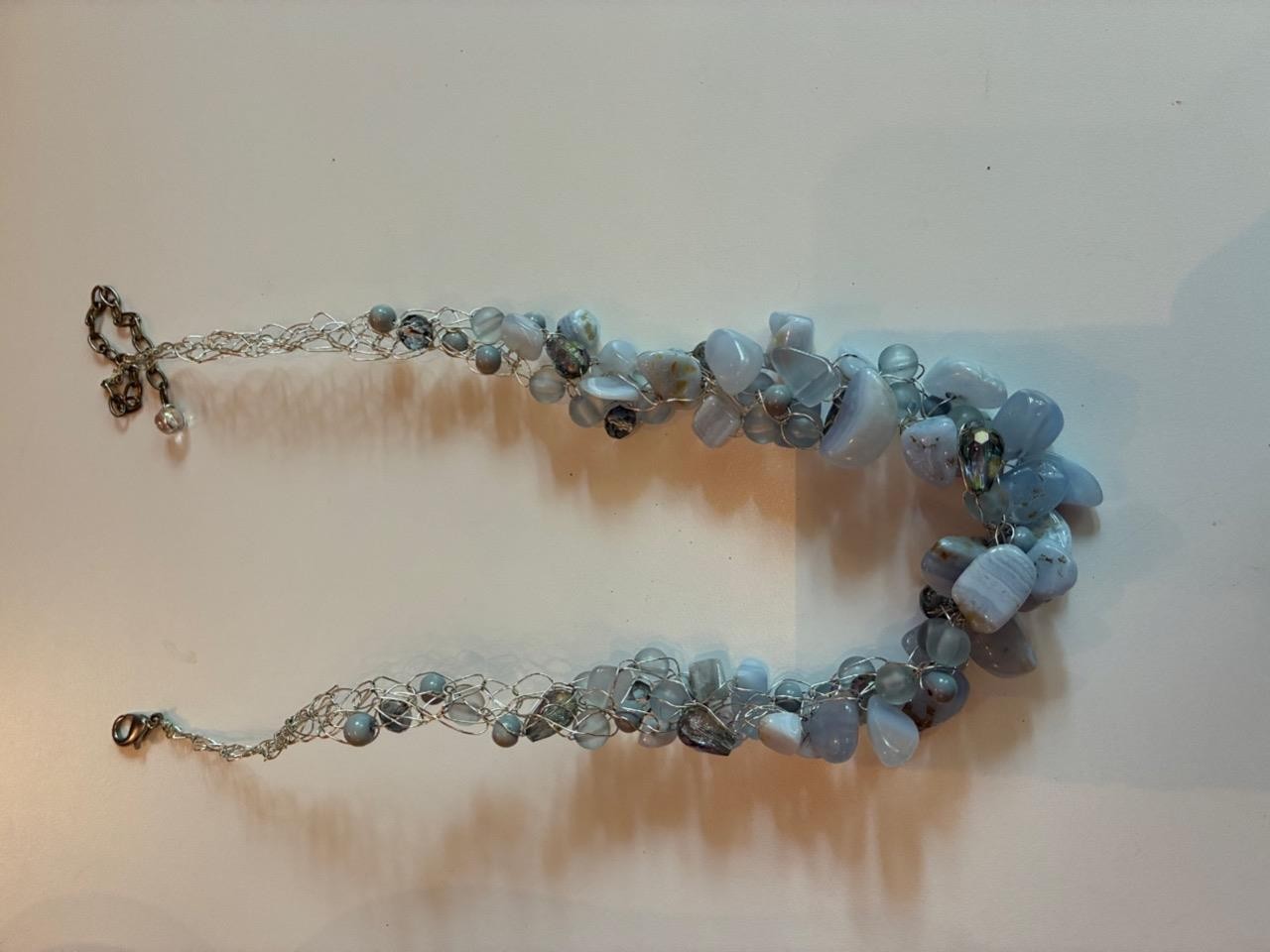 BLUE ICE LACE AGATE GLASS SILVER BEADED WIRE CROCHET NECKLACE HANDMADE